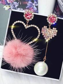 1對不對稱心形&假珍珠&粉色球&鑽石裝飾耳環,適合女性日常生活,晚宴派對和婚禮佩戴 - 愛心 - 查看 1