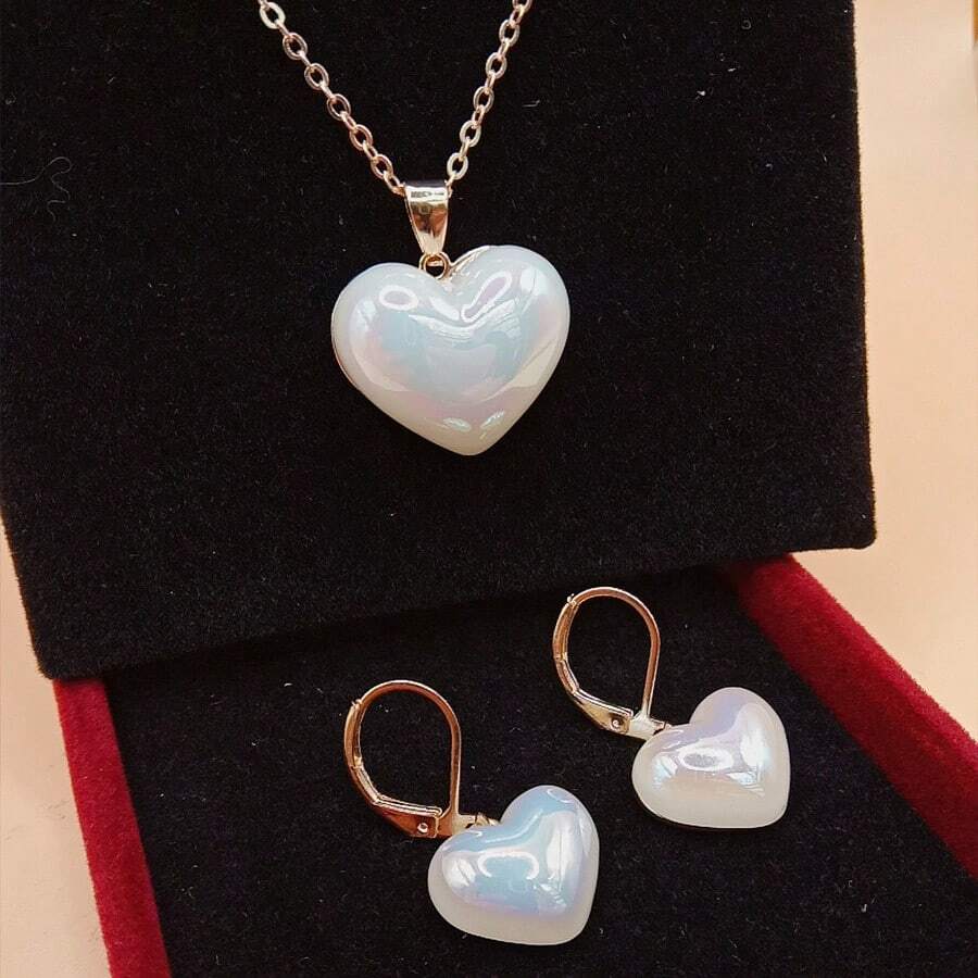 1套心型彩虹珍珠耳環和項鍊簡約時尚珠寶套裝 - 彩色 - 查看 1