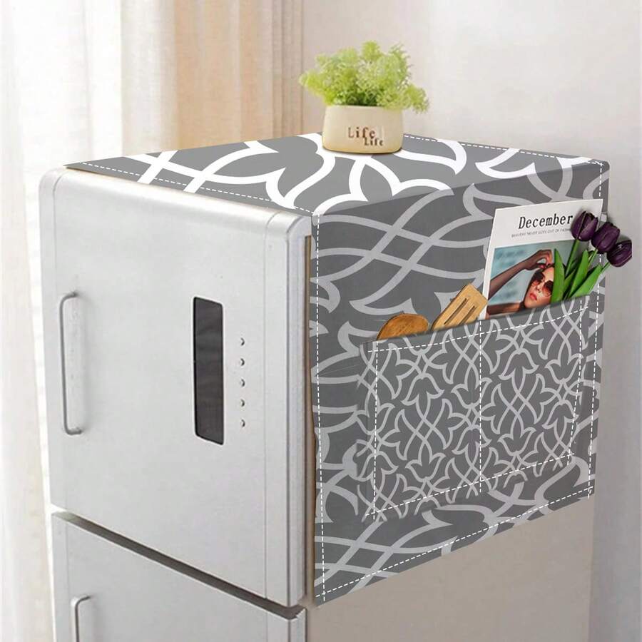 1pc Gray Flower Patterned Side Storage Bag Dust Cover For Refrigerator, Microwave, And Drum Washing Machine - Grey - View 1