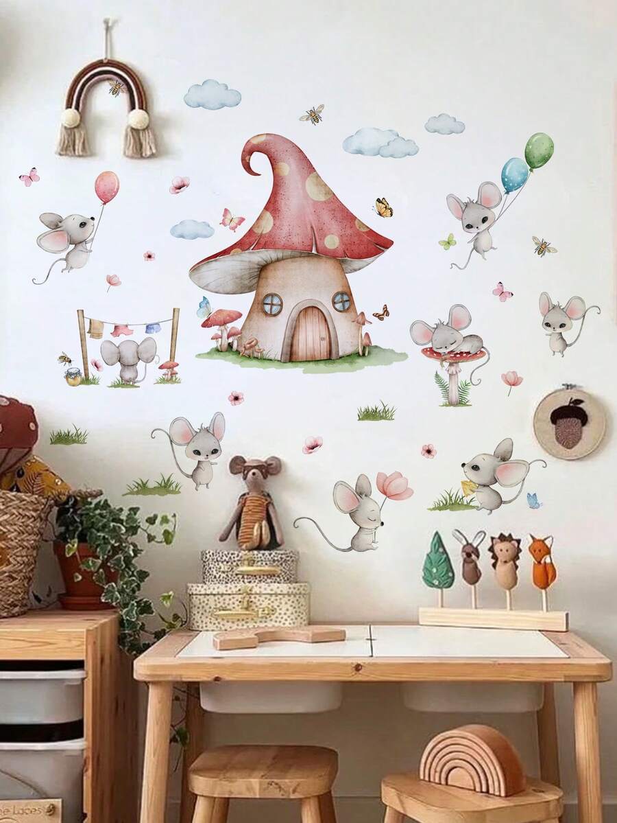 1套3入組卡通老鼠和蘑菇屋牆貼紙,適用於客廳臥室家居裝飾