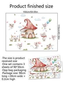 1套3入組卡通老鼠和蘑菇屋牆貼紙,適用於客廳臥室家居裝飾