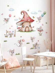 1套3入組卡通老鼠和蘑菇屋牆貼紙,適用於客廳臥室家居裝飾