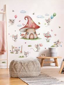 1套3入組卡通老鼠和蘑菇屋牆貼紙,適用於客廳臥室家居裝飾