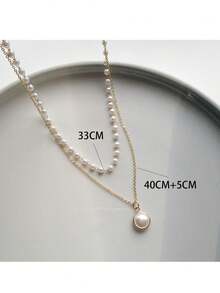 女士雙層珍珠項鍊,ins風格鎖骨鏈式頸圈,簡約獨特頸帶,時尚潮流 - 金色 - 查看 2