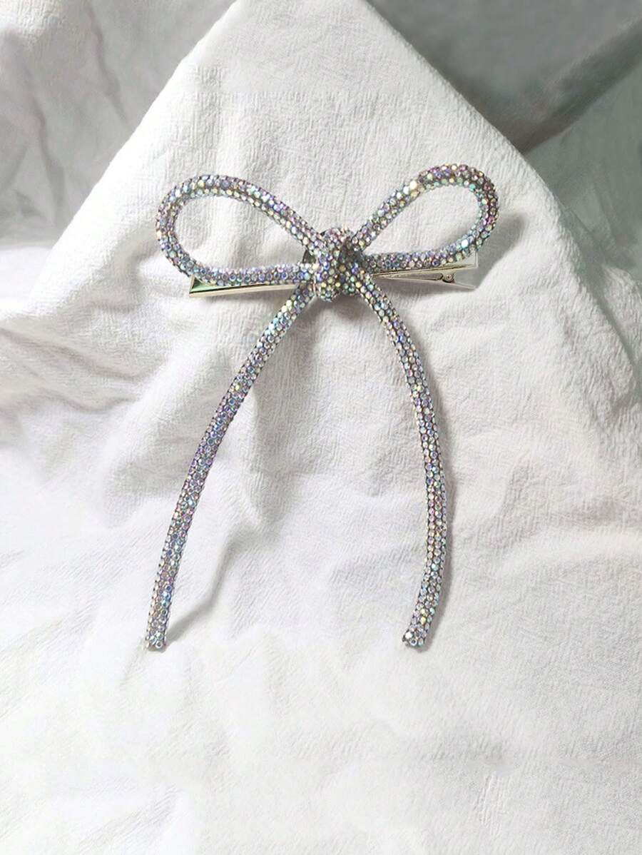 1 pieza Clip de pelo de mujer con decoración de lazo blanco y mariposa, con cristales, perfecto para fiesta, regalo, tiaras reales, Día de San Valentín, accesorios para el cabello, pasadores de pelo, pinzas para el cabello, artículos escolares, universidad, horquilla - Blanco - Ver 1