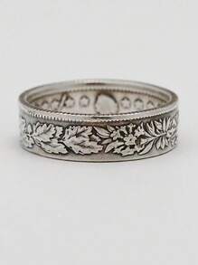 1pc Vintage Ring With Snowflake & Franc Coin Pattern, Fashionable Design - Silver - View 3