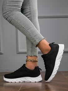 2023 年新款透气轻质网眼针织简约风格系带纯色女士运动休闲跑步慢跑步行路鞋适合所有季节 - 黑色 - 查看 6