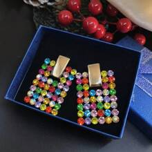 1對奢華時尚方形鑲滿多彩鑽石的耳環,適合作為女性生日、假期、派對的精緻禮物 - 彩色的 - 查看 2