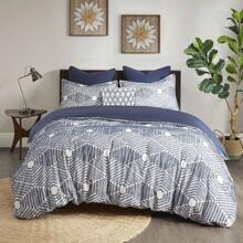 椭圆形 100% 纯棉羽绒被套装提花几何图案，四季棉被套床上用品套装，配套枕套，六角形，3 件套 - 海軍 - 查看 2