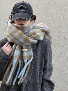 1條女士多色款聚酯纖維秋冬保暖獨特格子絲巾配流蘇 - 彩色 - 查看 4