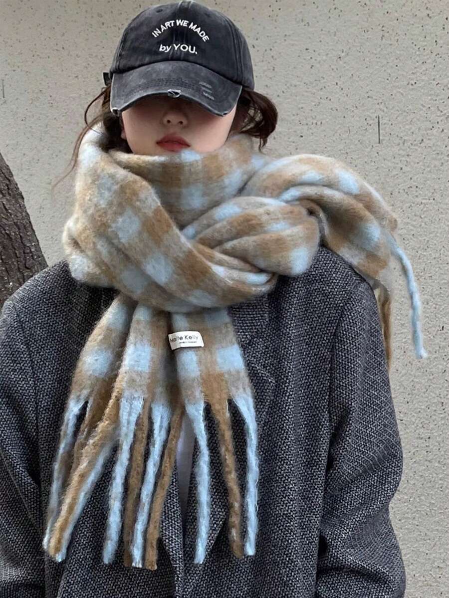 1條女士多色款聚酯纖維秋冬保暖獨特格子絲巾配流蘇 - 彩色 - 查看 1