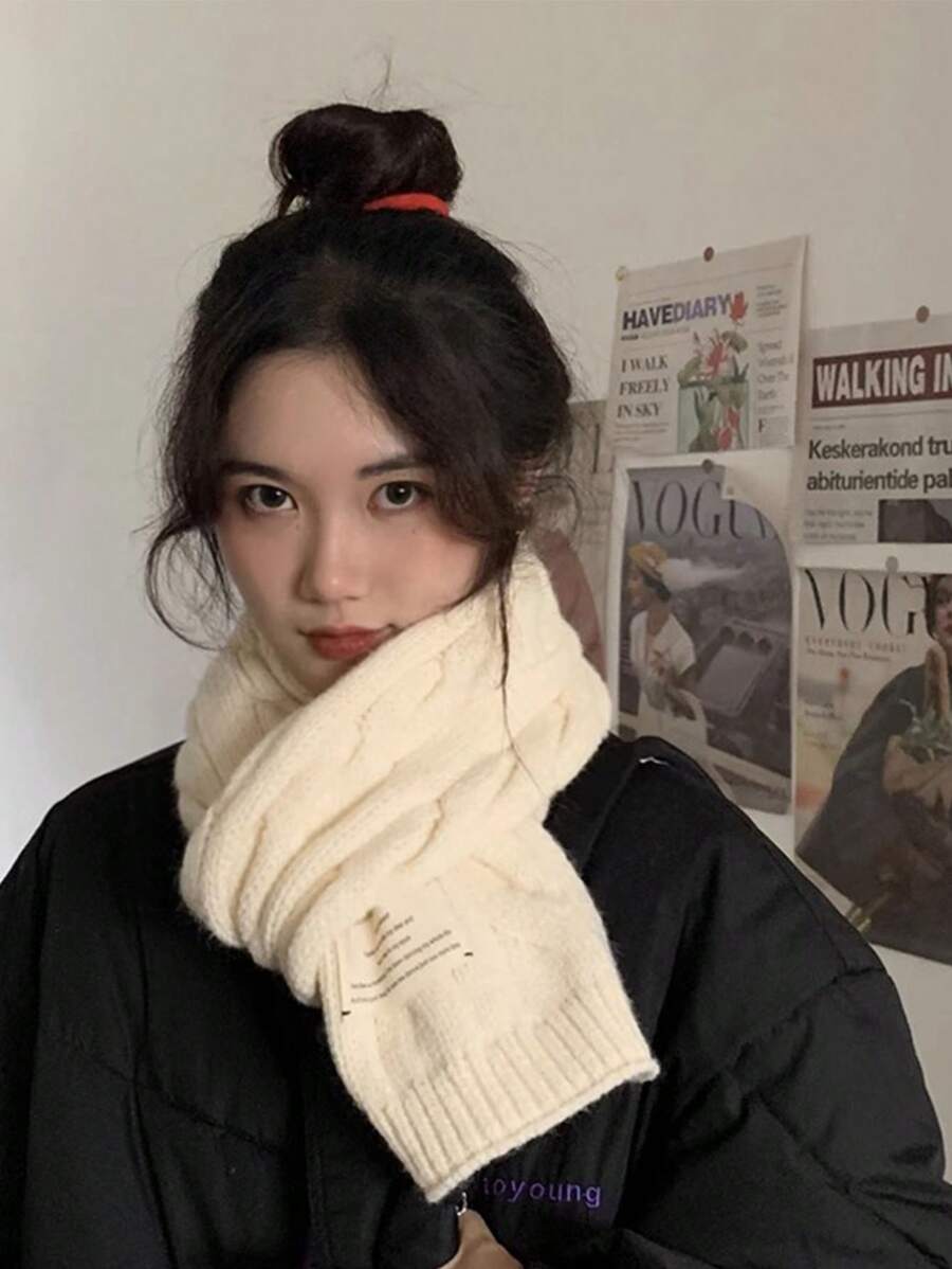 1條女士米色復古扭結辮飾聚酯經典純色圍巾,休閒輕盈風格 - 米色 - 查看 1