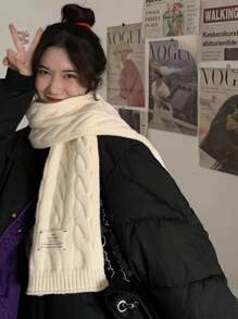 1條女士米色復古扭結辮飾聚酯經典純色圍巾,休閒輕盈風格 - 米色 - 查看 3