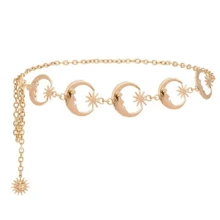 設計師款時尚朋克式身鏈,月亮和星星形狀的金屬鏈條裝飾,女性金屬鏈腰帶