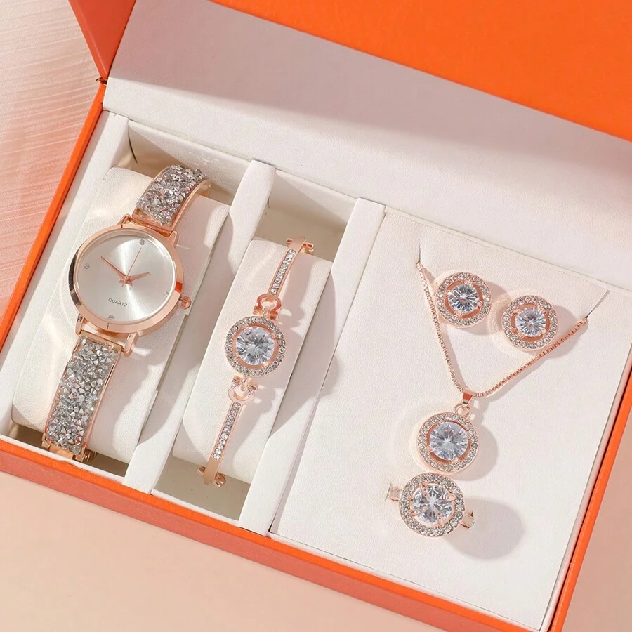 6pcs/Set Women's Fashion Round Crystal Dial Steel Strap Quartz Watch, Bracelet, Necklace, Earrings & Ring Set, Luxury Gift For Festivals
