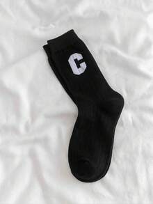 1對秋冬新款韓國ins時尚鯊魚褲風格運動大字母中筒襪 - 黑色 - 查看 4