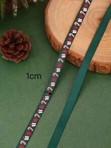 1卷1cm寬、20m長帶花紋的聚酯緞帶,適用於聖誕節禮品盒包裝和製作蝴蝶結 - 綠色 - 查看 3