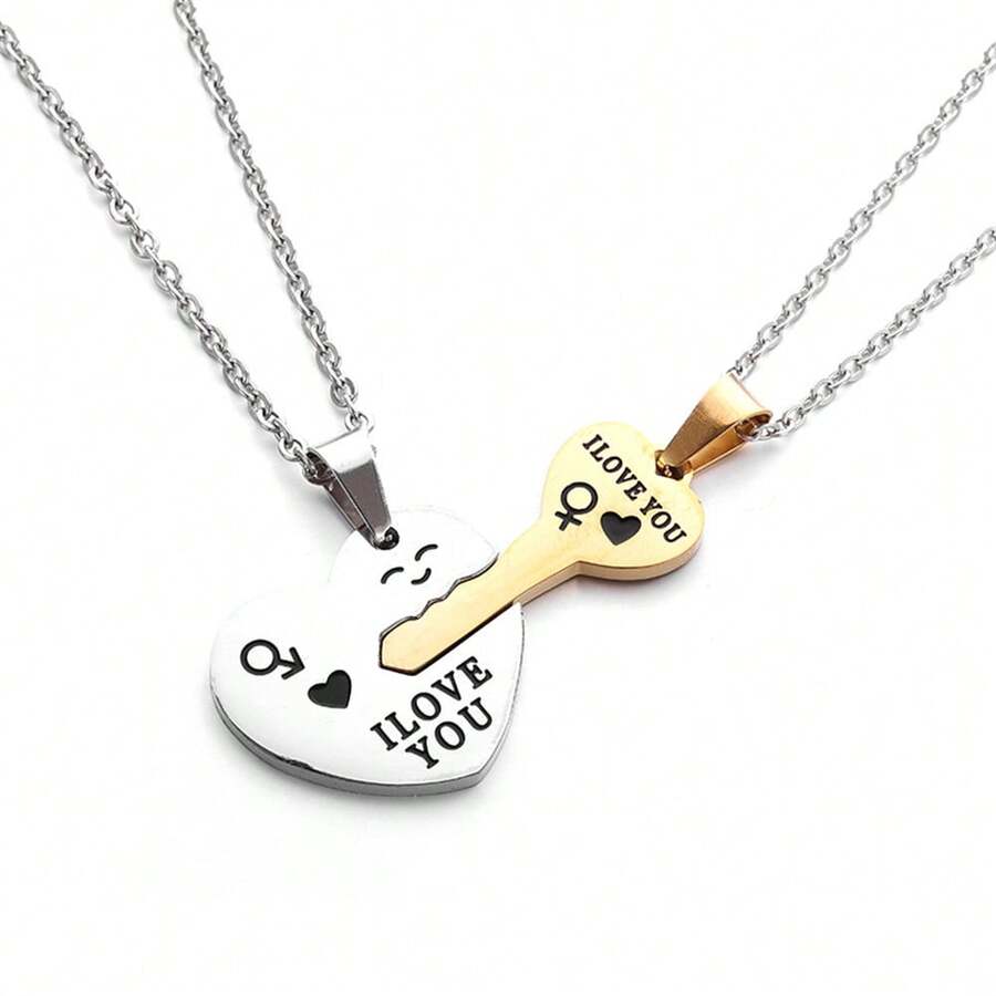 1對情侶適用的不鏽鋼心形鑰匙吊墜項鍊 - 銀色 - 查看 1