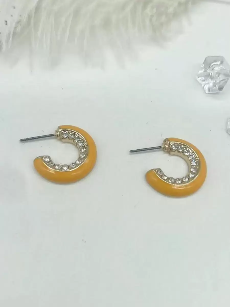 1pair Fashionable Simple Orange Rhinestone Inlaid Earrings Suitable For Daily Wear, Clothing Matching And Accessorizing - Multicolor - View 1