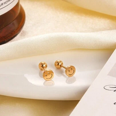 1pc Minimalist Stainless Steel Smiling Face Stud Earrings, Suitable For Women's Everyday Wear, Holidays And Leisure