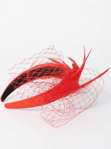 HIMESPORT 紅色婚禮新娘羽毛頭飾帶面紗頭帶優雅髮飾小禮帽