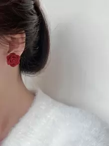 MESTILO 2cm Flocked Rose Flower Stud Earrings Suitable For Women's Daily Wear Valentines, Mom, Mother, Mother's Day, Gift - Burgundy - View 4