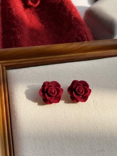 MESTILO 2cm Flocked Rose Flower Stud Earrings Suitable For Women's Daily Wear Valentines, Mom, Mother, Mother's Day, Gift