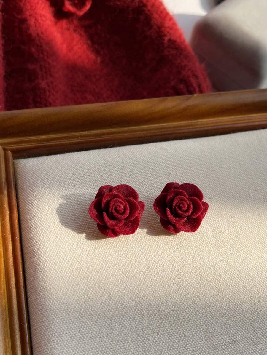 MESTILO 2cm Flocked Rose Flower Stud Earrings Suitable For Women's Daily Wear Valentines, Mom, Mother, Mother's Day, Gift - Burgundy - View 1