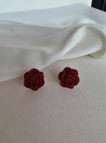 MESTILO 2cm Flocked Rose Flower Stud Earrings Suitable For Women's Daily Wear Valentines, Mom, Mother, Mother's Day, Gift - Burgundy - View 3
