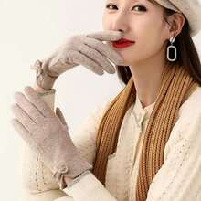 1對卡其色羊毛和羊絨內裡觸屏冬季手套,防風保暖,適用於開車、騎行、戶外活動等