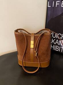 Patchwork Leisure Concise Fashion Large Capacity Crossbody Bucket Bag - Brown - View 1