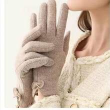 1對卡其色羊毛和羊絨內裡觸屏冬季手套,防風保暖,適用於開車、騎行、戶外活動等