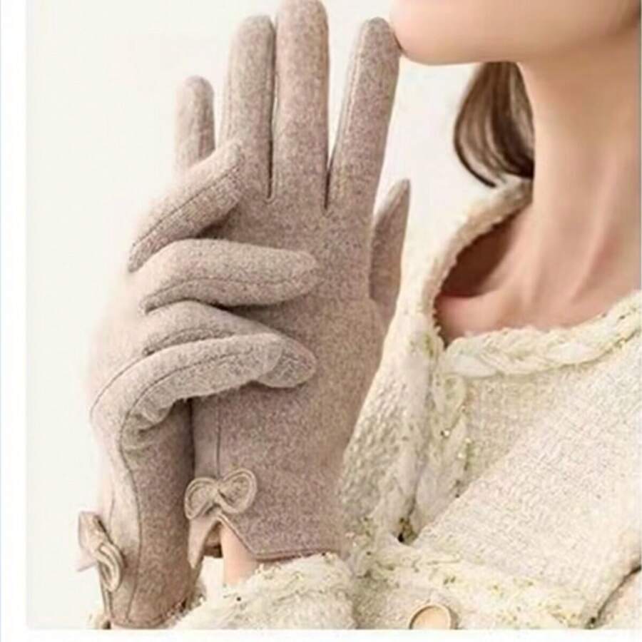 1對卡其色羊毛和羊絨內裡觸屏冬季手套,防風保暖,適用於開車、騎行、戶外活動等