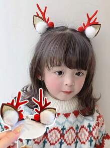 2入組兒童紅色卡通鹿角髮夾,可用於聖誕裝扮和新年的女孩髮飾 - 彩色 - 查看 1