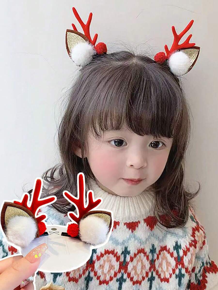 2入組兒童紅色卡通鹿角髮夾,可用於聖誕裝扮和新年的女孩髮飾 - 彩色 - 查看 1