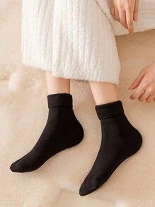 4 双/套女士加厚保暖内衬防冻黑色雪袜，时尚百搭中筒袜