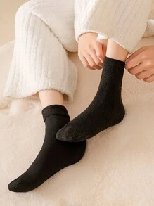 4 双/套女士加厚保暖内衬防冻黑色雪袜，时尚百搭中筒袜