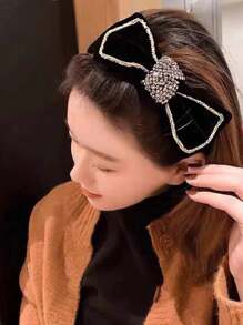 1條女性絲絨鑲鉆蝴蝶結髮箍,適合日常穿著 - 黑色 - 查看 1