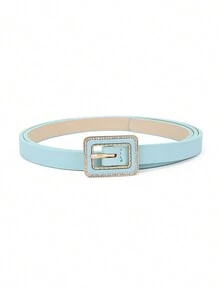 1個女士薄金屬腰帶,附有鑽石金屬扣和pu皮革飾邊,淺藍色
