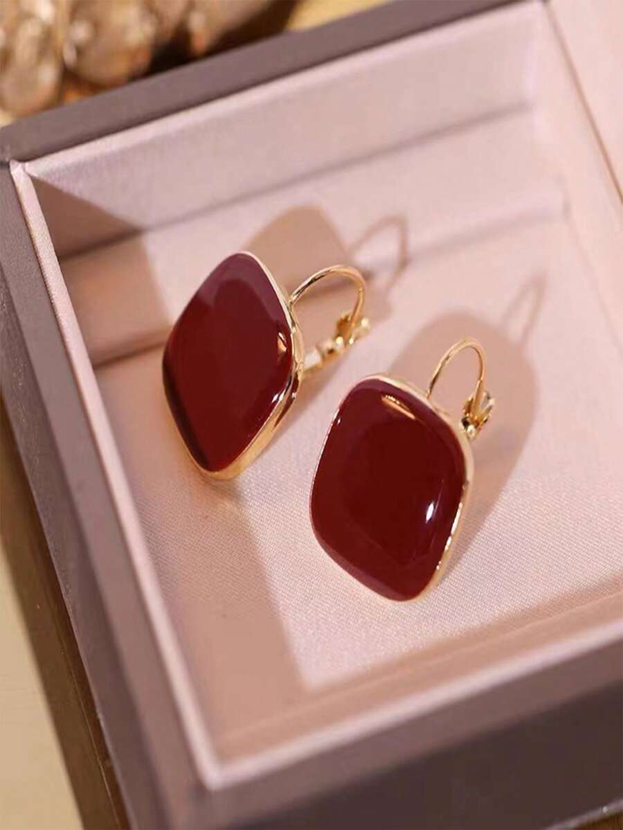 1 Pc Skc Red French Vintage Geometric Square Earring For Women - Red - View 1