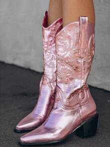 Women's Cowgirl Boots Metallic Fashion Chunky High Heels Mid Calf Platform Western Boots Pull On Vintage Embroidery Ridding Shoes - 粉色 - 查看 5