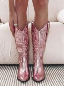 Women's Cowgirl Boots Metallic Fashion Chunky High Heels Mid Calf Platform Western Boots Pull On Vintage Embroidery Ridding Shoes - 粉色 - 查看 1