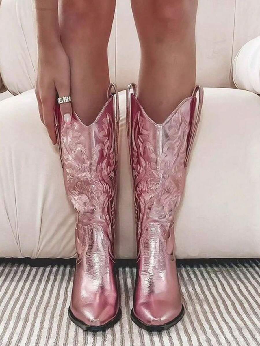Women's Cowgirl Boots Metallic Fashion Chunky High Heels Mid Calf Platform Western Boots Pull On Vintage Embroidery Ridding Shoes - 粉色 - 查看 1