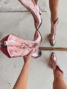 Women's Cowgirl Boots Metallic Fashion Chunky High Heels Mid Calf Platform Western Boots Pull On Vintage Embroidery Ridding Shoes - 粉色 - 查看 4