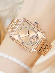 1pc Square Shaped Ladies' Wrist Watch - Gold - View 9