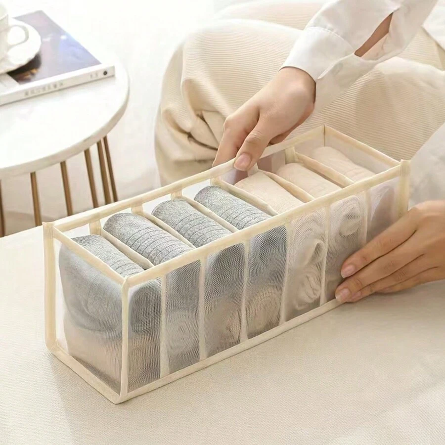 多格打包內衣收納盒，日用聚酯纖維矩形櫥櫃衣櫃整理器，內衣收納盒，透明網布衣物收納盒，多格可摺疊抽屜整理盒，衣櫃整理器和收納盒，內衣隔層整理盒襪子內衣收納盒抽屜收納組織器袋學校組織器袋教師收納袋 - 杏色 - 查看 1