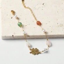 1 件女士时尚不锈钢四叶草和心形吊坠手链