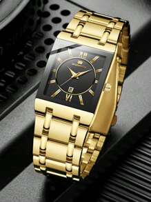 時尚男士VA VA VOOM豪華銀色不銹鋼表帶防水方形時鐘，帶日曆商務禮物石英手錶，適合日常商務穿著