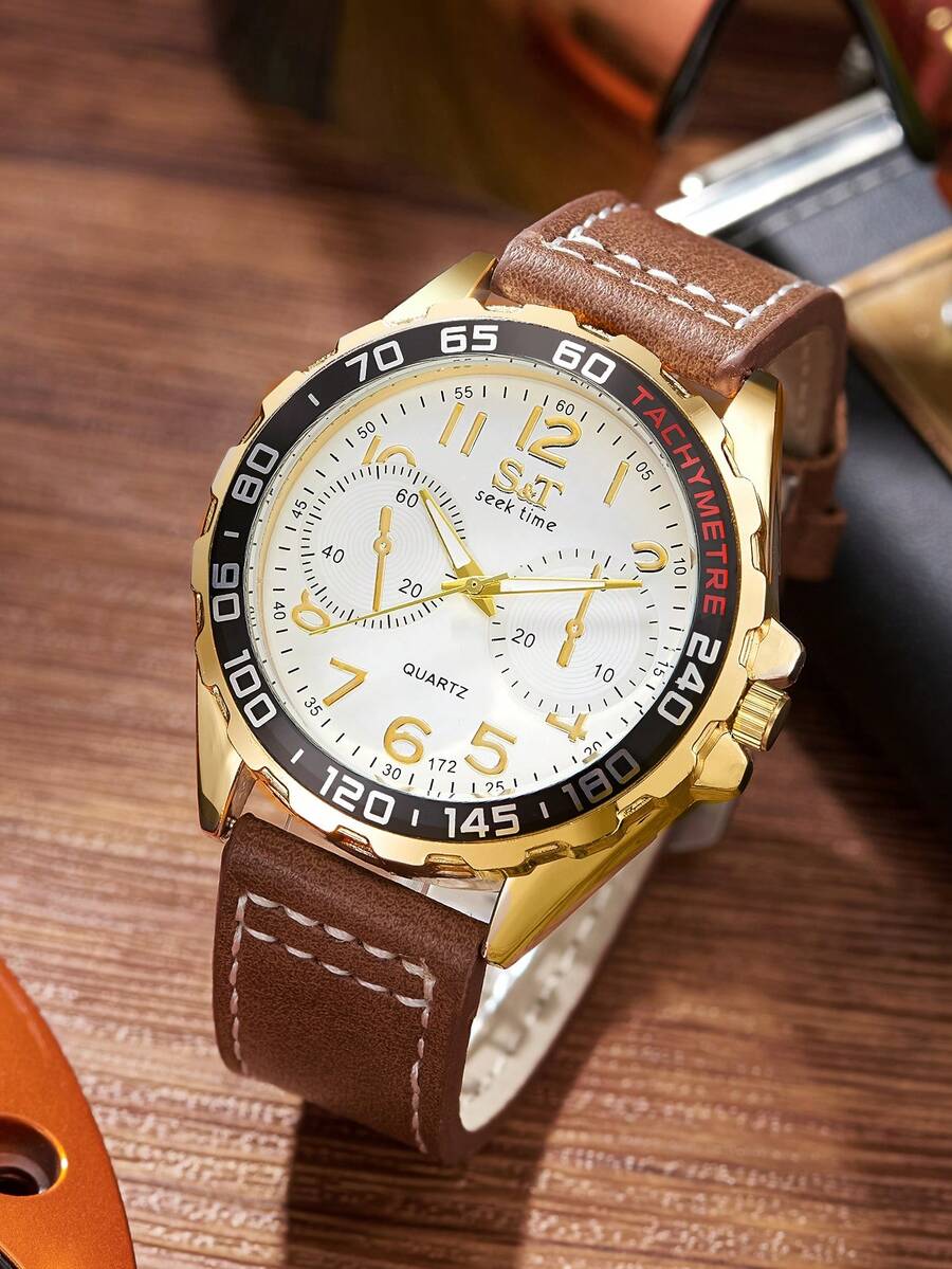 SEEK TIME S&T 時尚男士休閒皮帶石英手錶 - 棕色 - 查看 1
