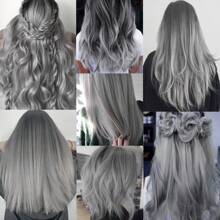 6 piezas Extensiones de cabello con clip de colores, destellos de fiesta, extensiones de cabello liso gris de 20 pulgadas, pelucas sintéticas con clip, adecuadas para disfraz de Halloween, Navidad, regalo de Año Nuevo, mujeres (gris) - Gris - Ver 7